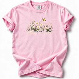 Bloom in Grace Premium T-Shirt in Blossom, front view with wildflowers and butterfly artwork