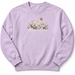 Bloom in Grace Premium Sweatshirt in Orchid, front view with wildflowers and butterfly artwork