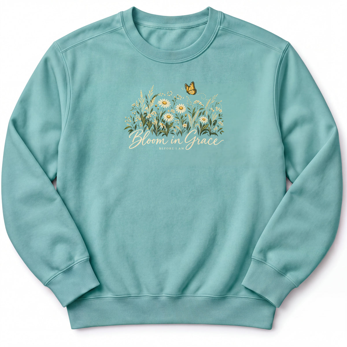 Bloom in Grace Premium Sweatshirt in Seafoam, front view with wildflowers and butterfly artwork