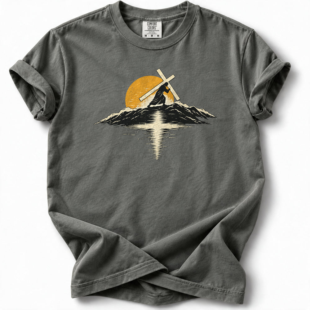 Carry the Light Premium T-Shirt in Pepper, front view with cross-bearing silhouette, mountains and sun