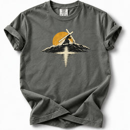 Carry the Light Premium T-Shirt in Pepper, front view with cross-bearing silhouette, mountains and sun
