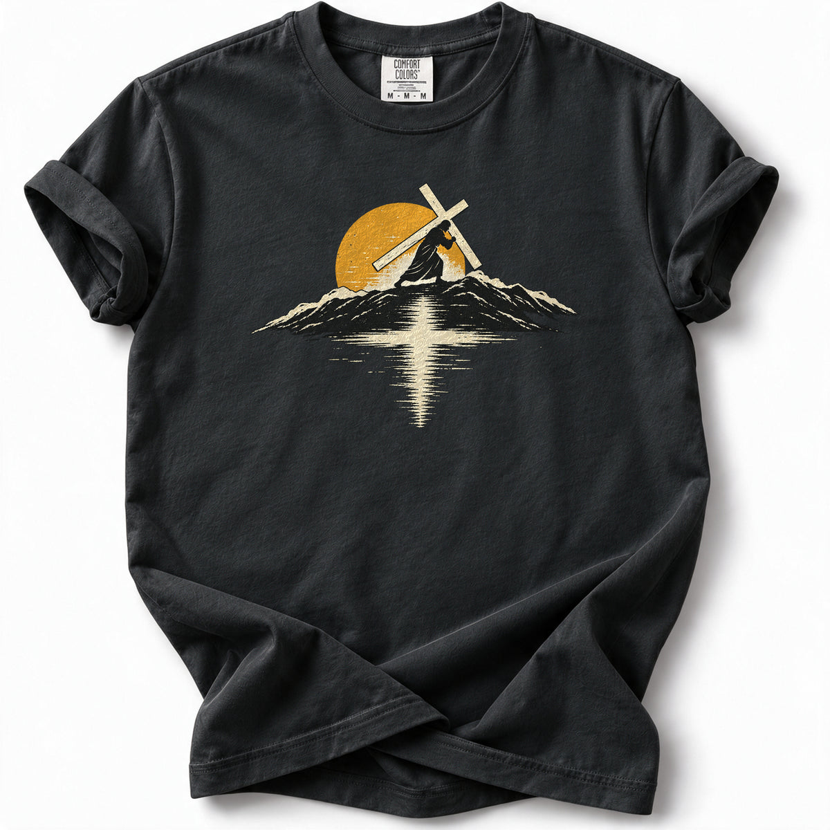Carry the Light Premium T-Shirt in Black, front view with cross-bearing silhouette, mountains and sun