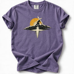 Carry the Light Premium T-Shirt in Grape, front view with cross-bearing silhouette, mountains and sun
