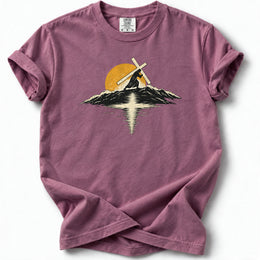 Carry the Light Premium T-Shirt in Berry, front view with cross-bearing silhouette, mountains and sun