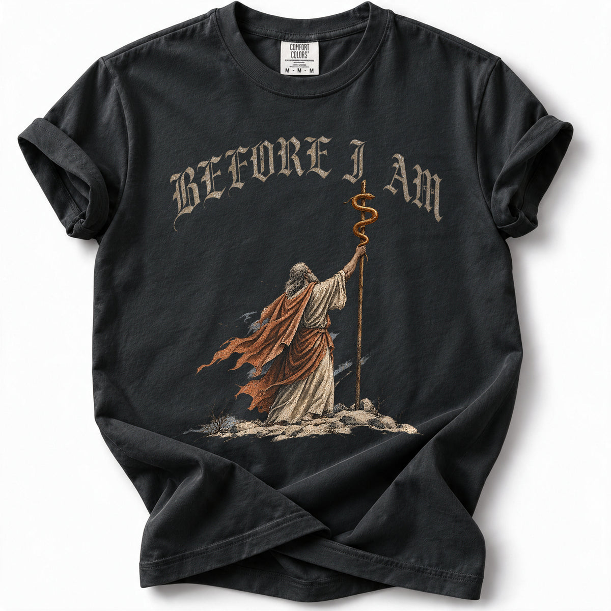 Bronze Serpent Premium T-Shirt in Black, front view with Moses and the bronze serpent artwork
