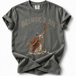 Bronze Serpent Premium T-Shirt in Pepper, front view with Moses and the bronze serpent artwork