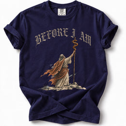 Bronze Serpent Premium T-Shirt in True Navy, front view with Moses and the bronze serpent artwork