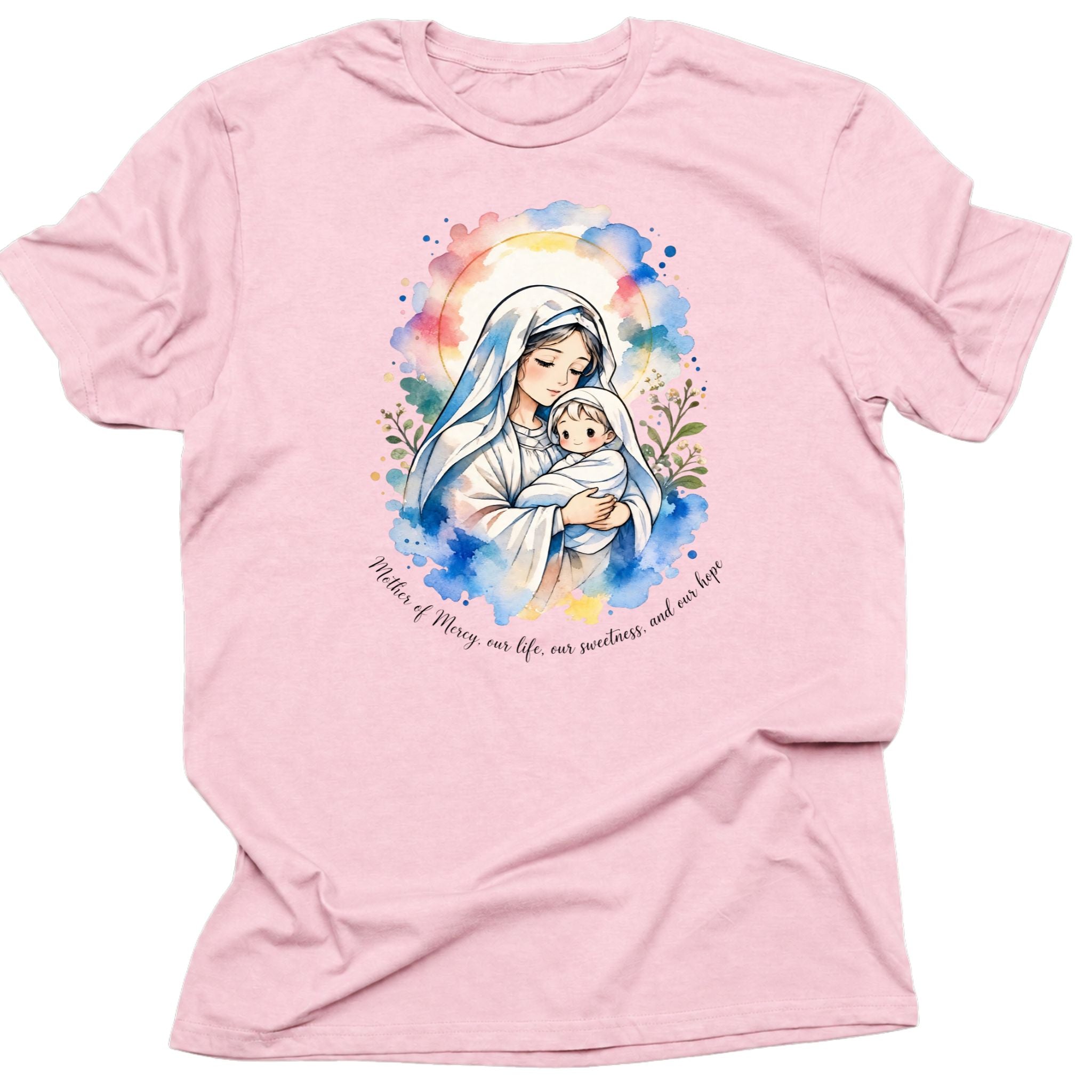 Mother of Mercy Virgin Mary Christian T-Shirt – Marian Watercolor Tee