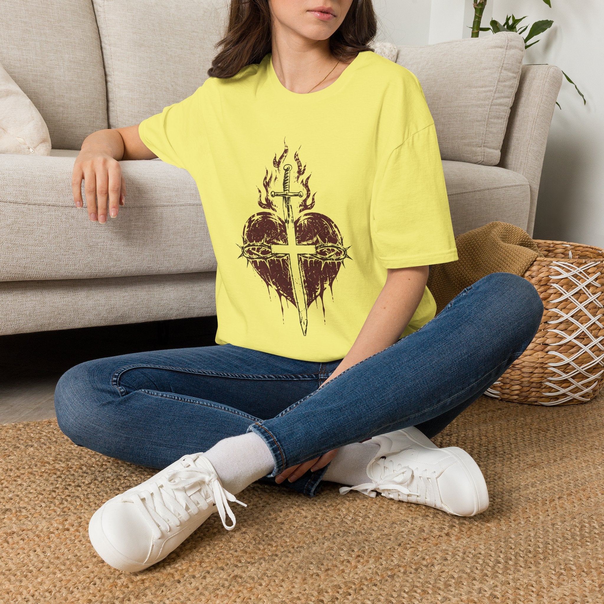 Sacred Heart of Jesus Christian T-Shirt – Crown of Thorns Cross Tee
