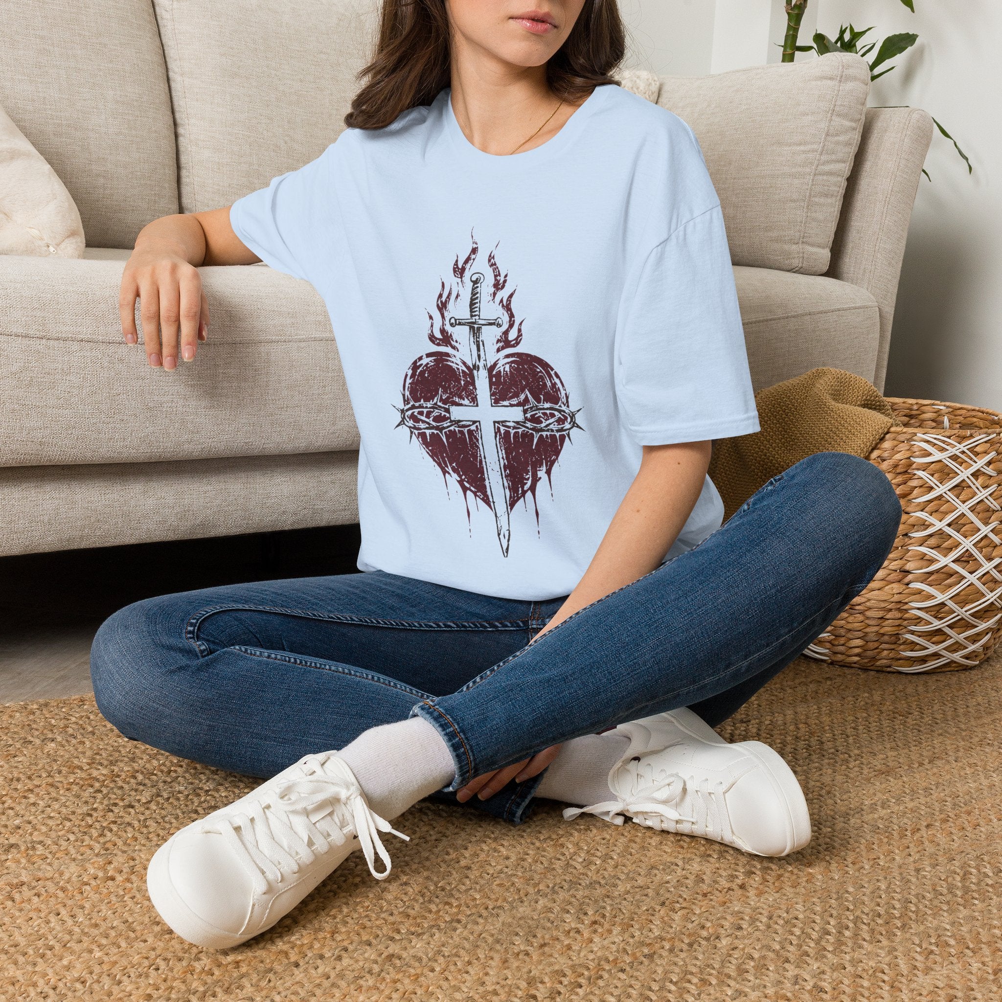 Sacred Heart of Jesus Christian T-Shirt – Crown of Thorns Cross Tee