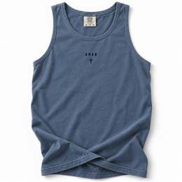 Amen Premium Tank in Blue Jean, front flat mockup