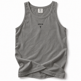 Amen Premium Tank in Grey, front flat mockup