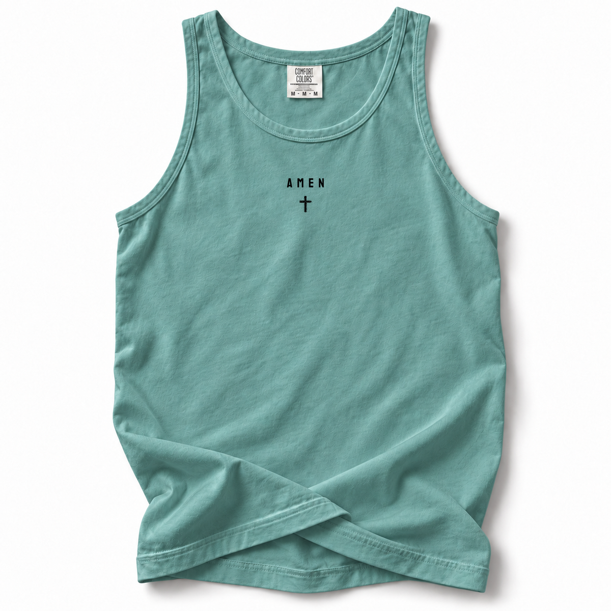 Amen Premium Tank in Seafoam, front flat mockup