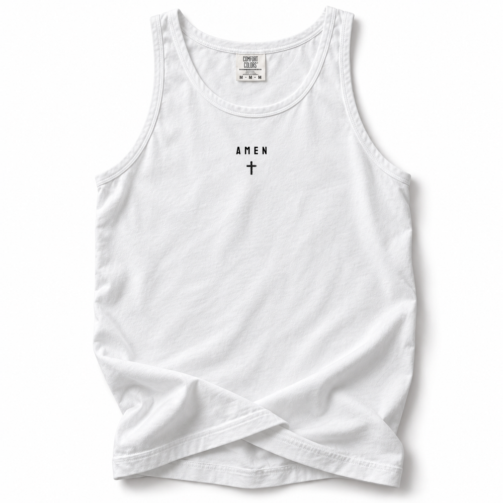 Amen Premium Tank in White, front flat mockup
