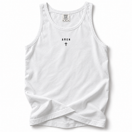 Amen Premium Tank in White, front flat mockup