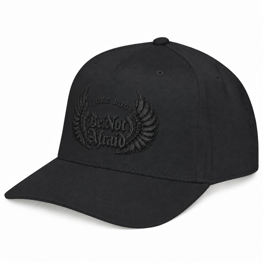 Be Not Afraid black hat with tonal black embroidery, front view