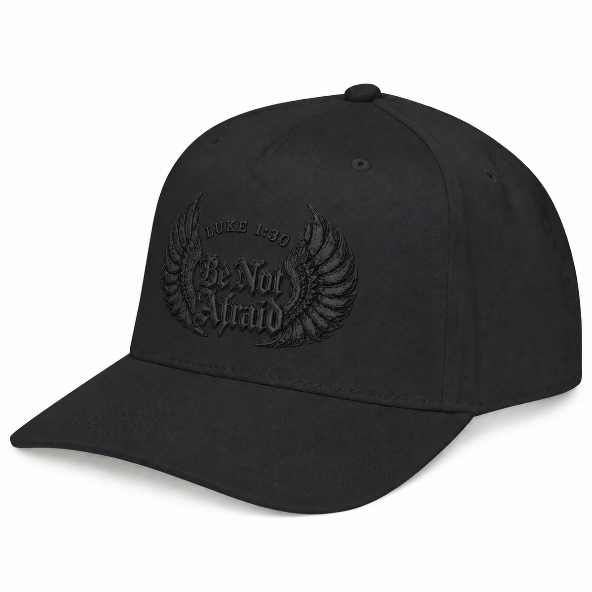 Be Not Afraid black hat with tonal black embroidery, front view