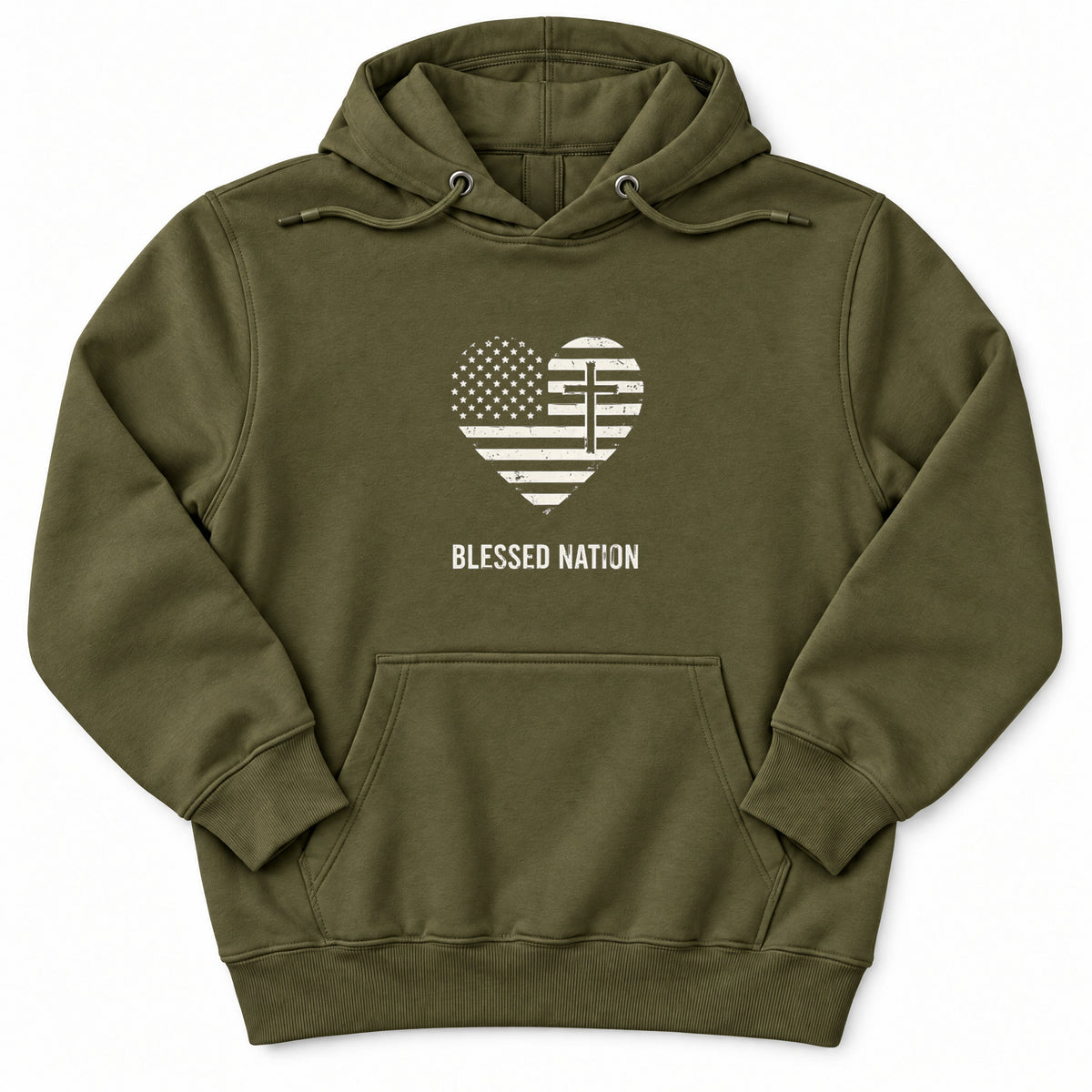 Blessed Nation Premium Hoodie in Army Green, flat front mockup