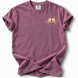 Calvary Heart Premium T-Shirt in Berry, front view with matching left chest placement