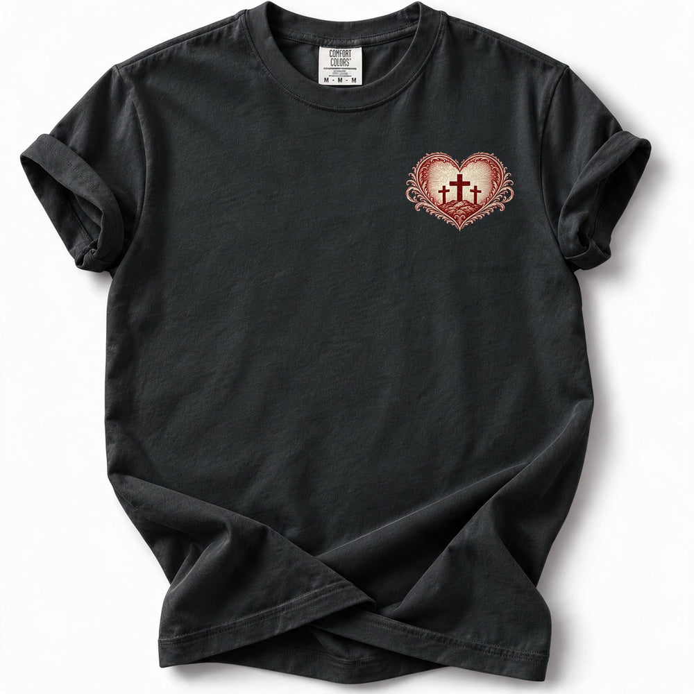 Calvary Heart Premium T-Shirt in Black, front view with matching left chest placement