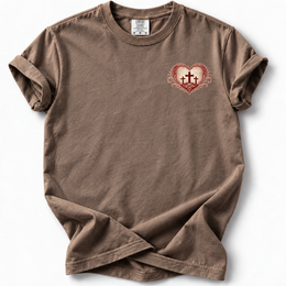Calvary Heart Premium T-Shirt in Espresso, front view with matching left chest placement