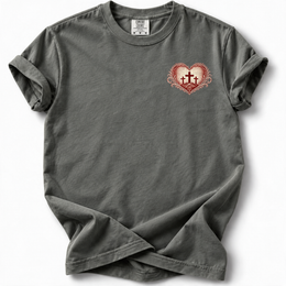 Calvary Heart Premium T-Shirt in Pepper, front view with matching left chest placement