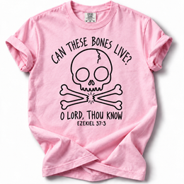 Can These Bones Live Comfort Colors 1717 T-Shirt in Blossom, front with black skull and scripture design