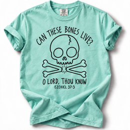 Can These Bones Live Comfort Colors 1717 T-Shirt in Chalky Mint, front with black skull and scripture design