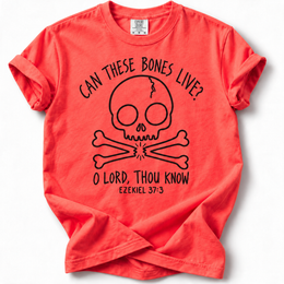 Can These Bones Live Comfort Colors 1717 T-Shirt in Paprika, front with black skull and scripture design