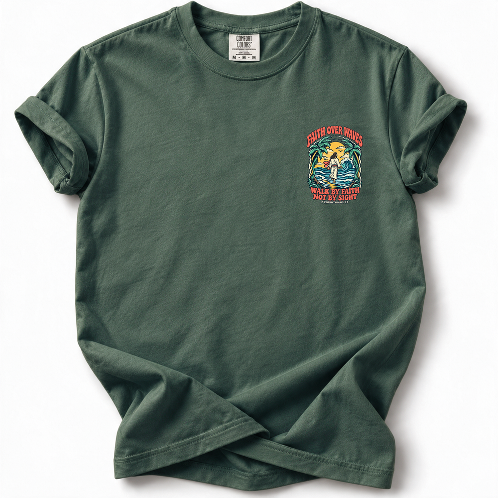Faith Over Waves Premium T-Shirt in Blue Spruce — front chest design