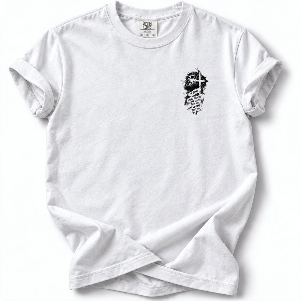 Forgiveness Prayer Edition T-Shirt in White — left chest design