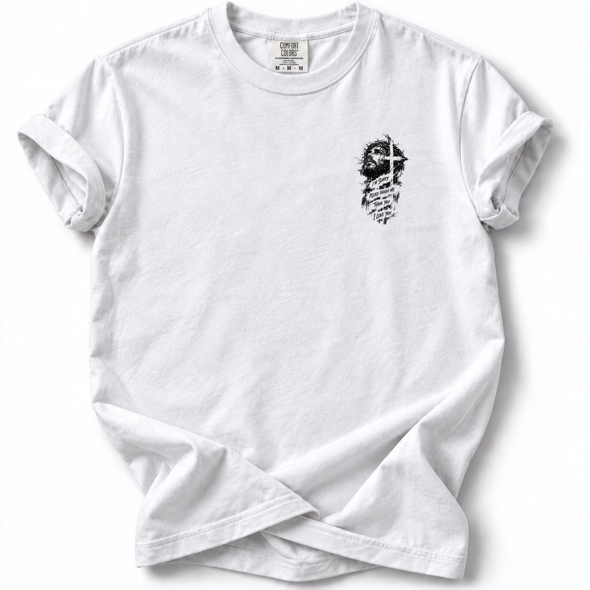 Forgiveness Prayer Edition T-Shirt in White — left chest design