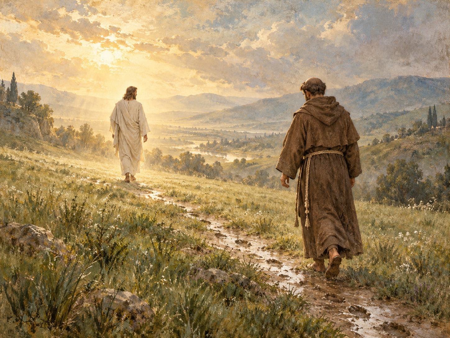 Saint Francis following Jesus through a meadow into the light