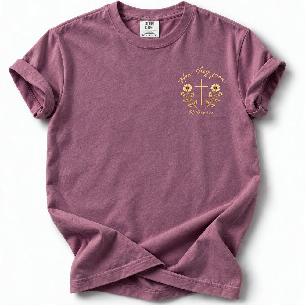 How They Grow Edition T-Shirt in Berry – front chest floral cross design