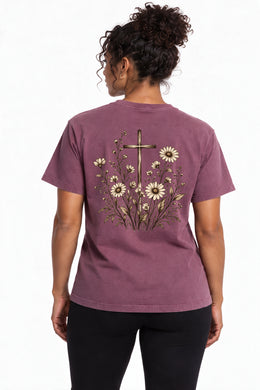 How They Grow Edition T-Shirt in Berry – back floral cross design on model