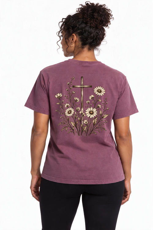 How They Grow Edition T-Shirt in Berry – back floral cross design on model