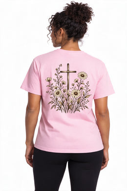 How They Grow Edition T-Shirt in Blossom – back floral cross design on model