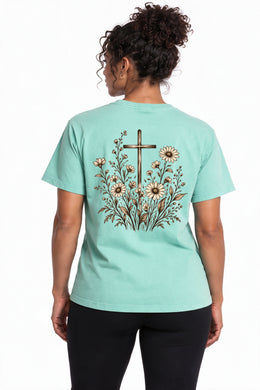How They Grow Edition T-Shirt in Chalky Mint – back floral cross design on model