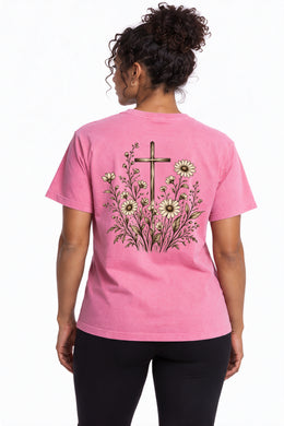How They Grow Edition T-Shirt in Crunchberry – back floral cross design on model