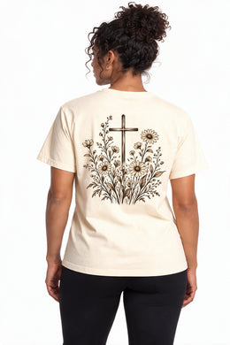 How They Grow Edition T-Shirt in Ivory – back floral cross design on model