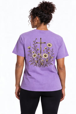 How They Grow Edition T-Shirt in Violet – back floral cross design on model