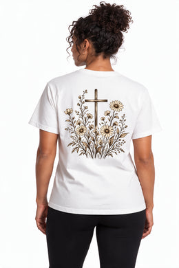 How They Grow Edition T-Shirt in White – back floral cross design on model