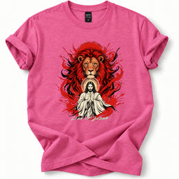 Lion of Judah Soft T-Shirt in Heather Heliconia, flat front mockup