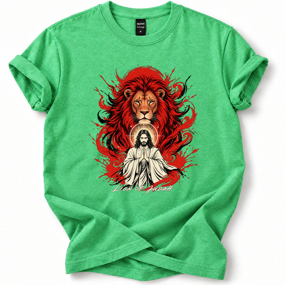 Lion of Judah Soft T-Shirt in Heather Irish Green, flat front mockup