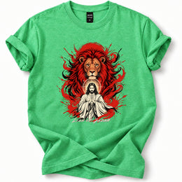 Lion of Judah Soft T-Shirt in Heather Irish Green, flat front mockup