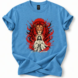 Lion of Judah Soft T-Shirt in Heather Sapphire, flat front mockup