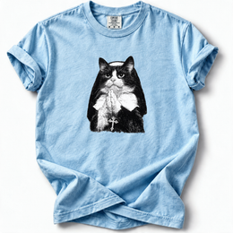 Praying Cat Premium T-Shirt — Chambray