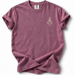 Sacred Heart Embroidered Comfort Colors 1717 T-Shirt in Berry, front with cream chest embroidery