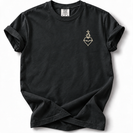Sacred Heart Embroidered Comfort Colors 1717 T-Shirt in Black, front with cream chest embroidery