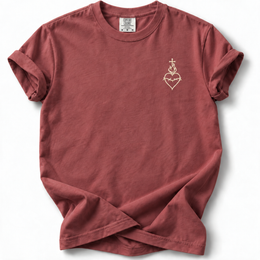 Sacred Heart Embroidered Comfort Colors 1717 T-Shirt in Brick, front with cream chest embroidery